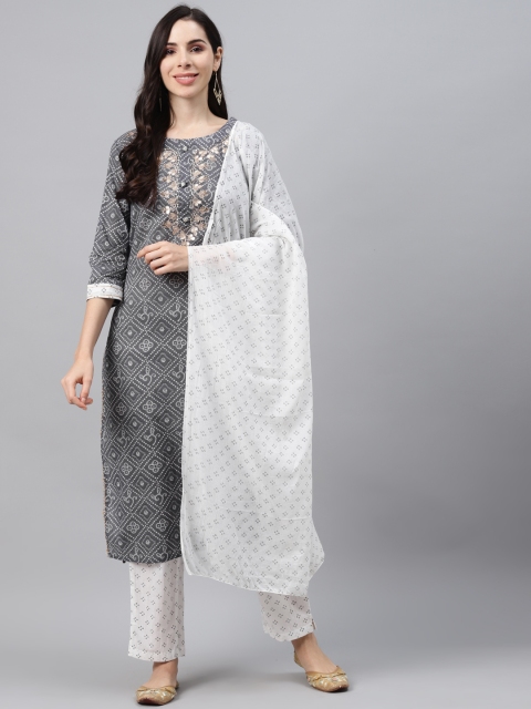 

Silai Bunai Women Charcoal Grey & White Printed Cotton Kurta with Palazzos & Dupatta