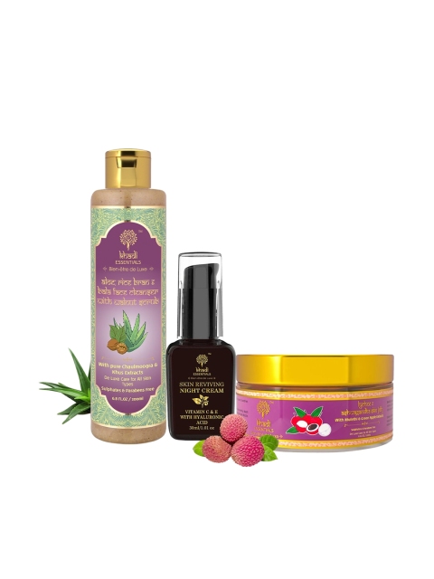 

KHADI ESSENTIALS Combo of Face Cleanser, Aloe Vera Gel & VIt C, E, HA Night Cream 30 ml, Na