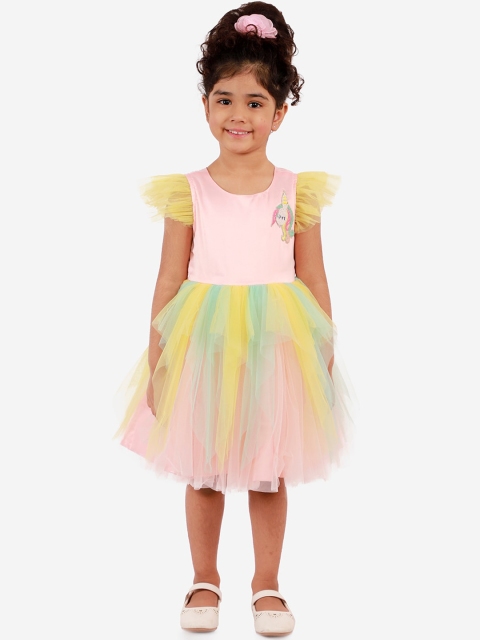 

LIL DRAMA Girls Pink and Yellow Colourblocked Net Fit and Flare Dress