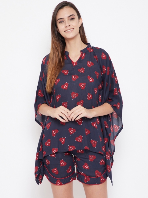 

The Kaftan Company Women Navy Blue & Red Printed Night suit