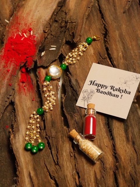 

Ruby Raang Green & Gold Kundan Beaded Rakhi Gift Box With Roli, Chawal & Greeting Card