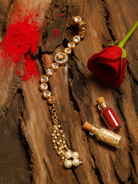 

Ruby Raang Gold Kundan Beaded Rakhi Gift Box With Roli, Chawal & Greeting Card