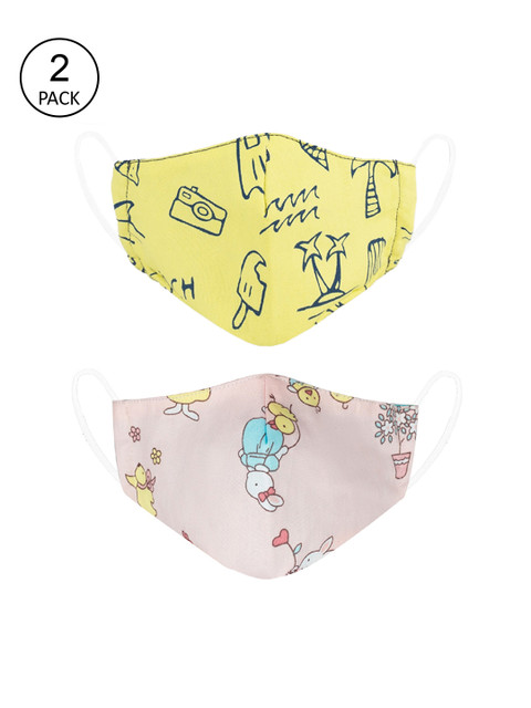 

VEA Kids Pack Of 2 Printed 3-Ply 5-Layered Reusable Cotton Protective Outdoor Face Masks, Yellow