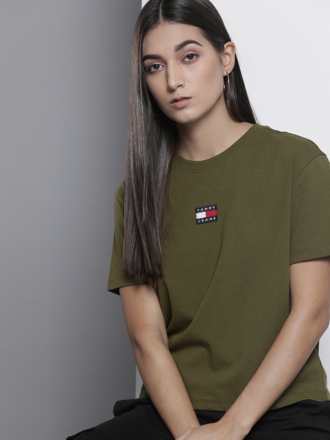 

Tommy Hilfiger Women Olive Green Drop-Shoulder Sleeves Organic Cotton T-shirt