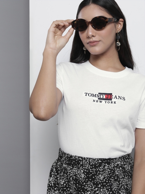 

Tommy Hilfiger Women White Brand Logo Embroidered Pure Cotton T-shirt