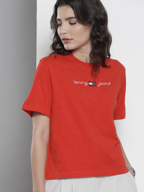 

Tommy Hilfiger Women Red Brand Logo Embroidered Pure Cotton T-shirt