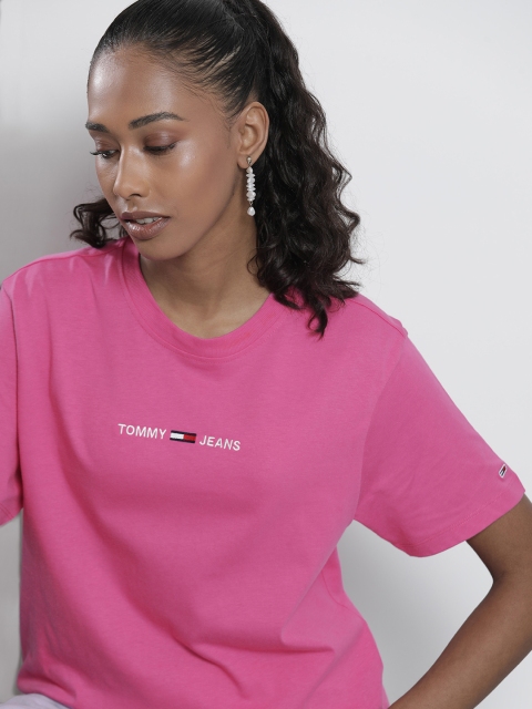 

Tommy Hilfiger Women Fuchsia Pink Logo Printed Pure Cotton Casual T-shirt