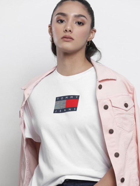 

Tommy Hilfiger Women White Navy Blue Brand Logo Printed Pure Cotton T-shirt