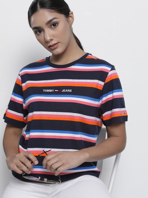 

Tommy Hilfiger Women Navy Blue & Orange Striped Organic Cotton T-shirt