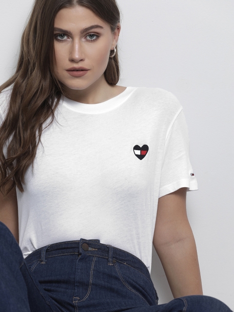 

Tommy Hilfiger Women White Self-Design Regular Fit Pure Cotton T-shirt