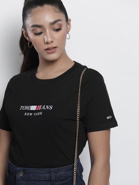 

Tommy Hilfiger Women Black Brand Logo Embroidered Pure Cotton T-shirt