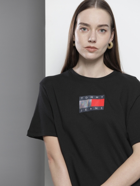 

Tommy Hilfiger Women Black Brand Logo Printed Cropped Pure Cotton T-shirt