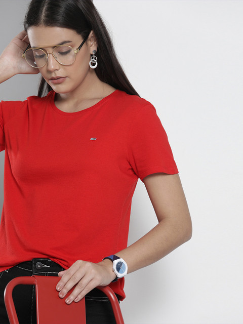 

Tommy Hilfiger Women Red Solid Organic Cotton Slim Fit T-shirt