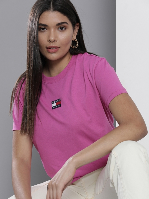 

Tommy Hilfiger Women Magenta Solid Brand Logo T-shirt