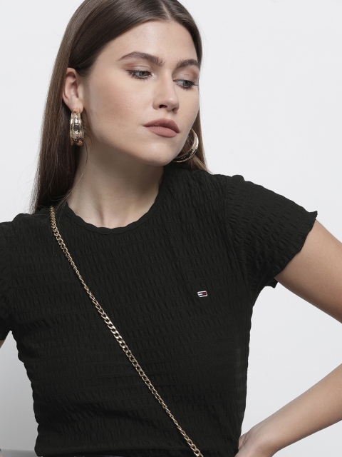 

Tommy Hilfiger Women Black Self-Design Smocked T-shirt
