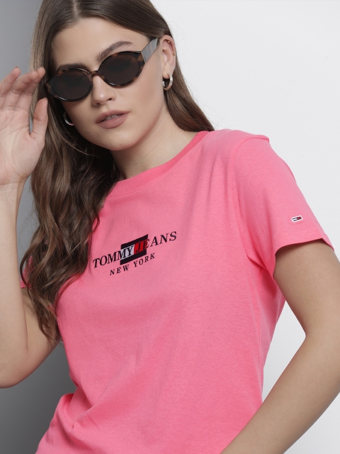 

Tommy Hilfiger Women Pink Black Brand Logo Printed Pure Cotton T-shirt