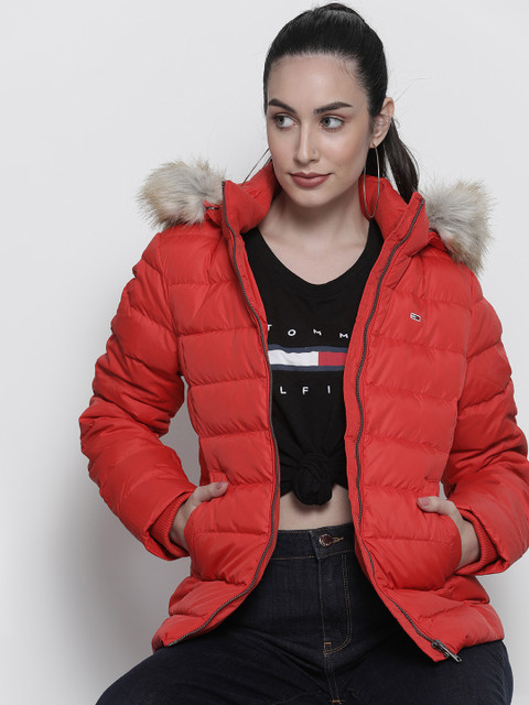 

Tommy Hilfiger Women Red Solid Fur Hood Casual Padded Jacket