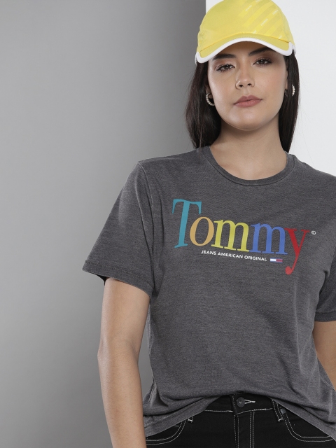 

Tommy Hilfiger Women Charcoal Grey & Yellow Brand Logo Printed T-shirt