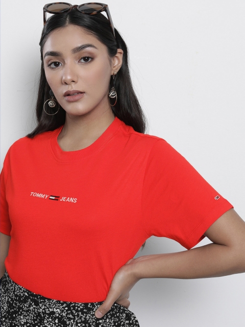 

Tommy Hilfiger Women Red Brand Logo Embroidered Pure Cotton T-shirt