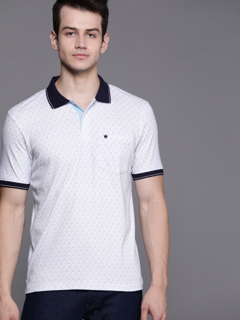 

Louis Philippe Men White & Blue Printed Pure Cotton Polo Collar T-shirt