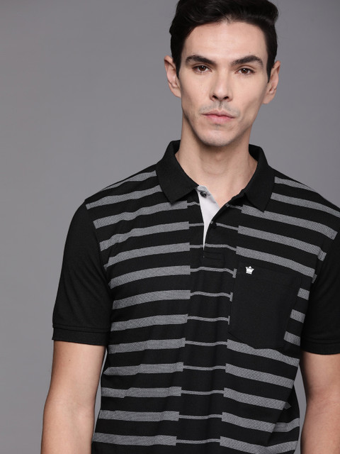 

Louis Philippe Men Black & White Striped Polo Collar Odor Control Antimicrobial T-shirt