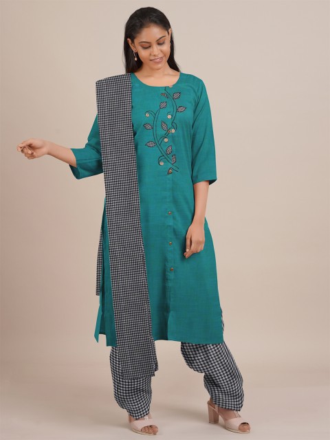 

Pothys Green & Black Embroidered Unstitched Dress Material