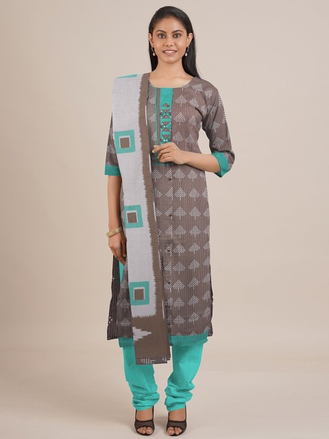 

Pothys Brown & Green Printed Unstitched Dress Material