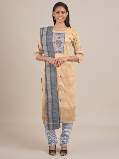 

Pothys Yellow & Grey Printed Unstitched Dress Material
