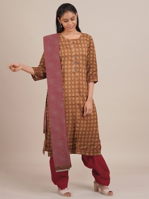 

Pothys Brown Printed Unstitched Dress Material