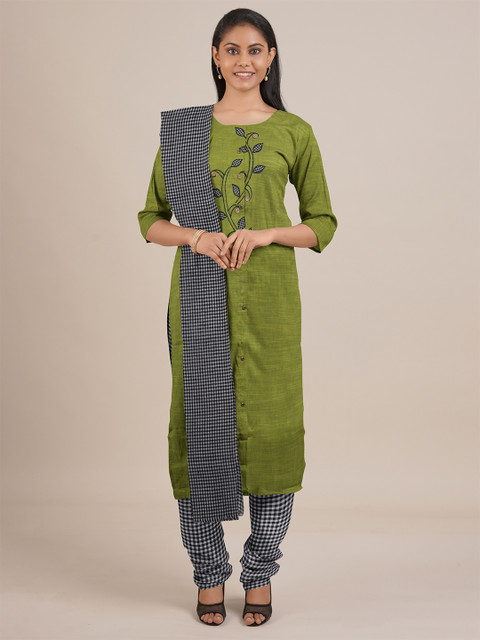 

Pothys Green & Black Printed Unstitched Dress Material