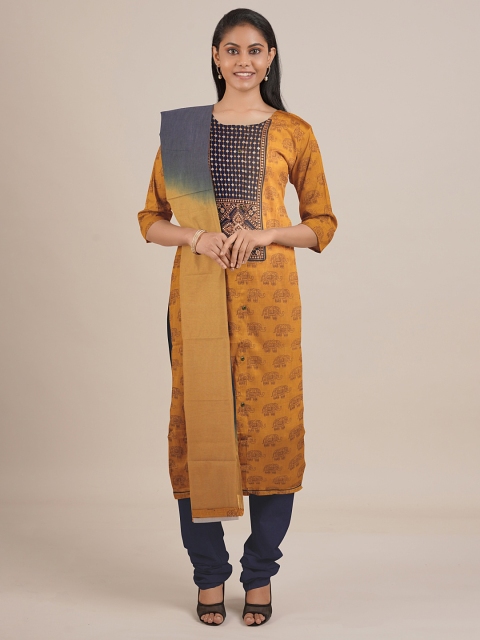 

Pothys Mustard & Grey Printed Unstitched Dress Material