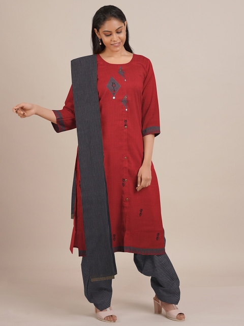 

Pothys Red & Grey Printed Unstitched Dress Material