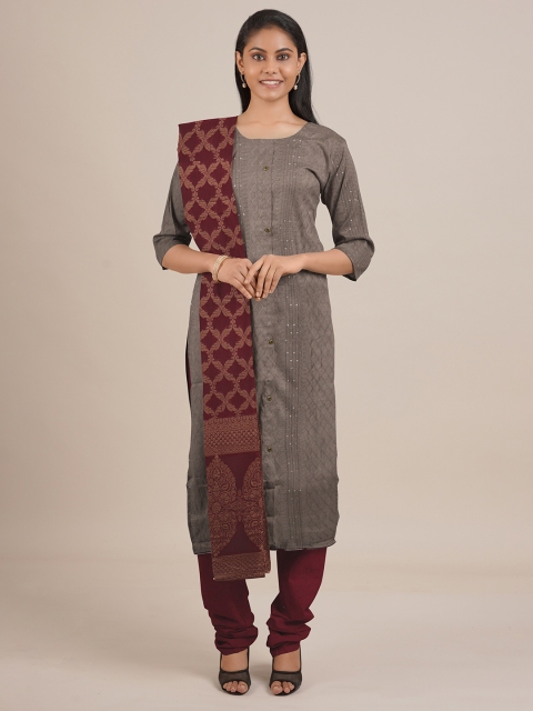 

Pothys Grey & Maroon Embroidered Unstitched Dress Material