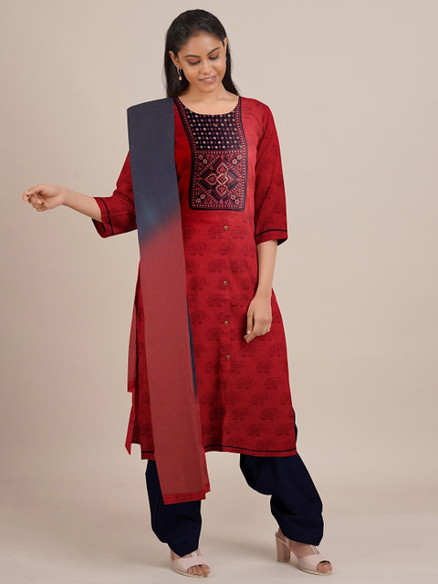 

Pothys Red & Navy Blue Printed Unstitched Dress Material