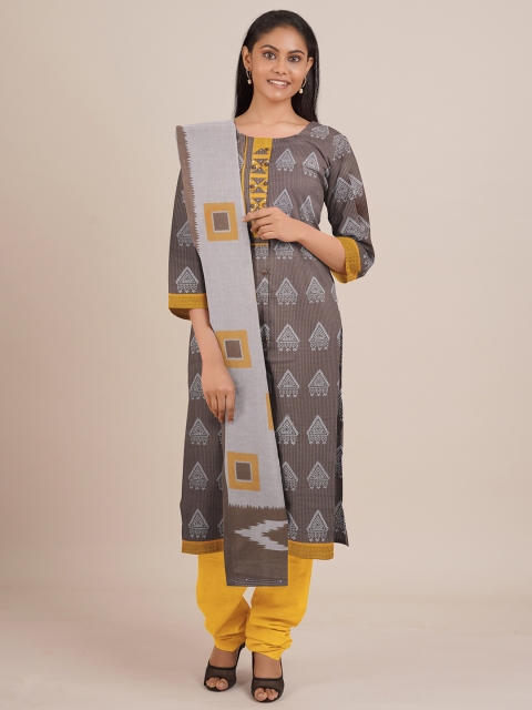 

Pothys Brown & Yellow Printed Unstitched Dress Material