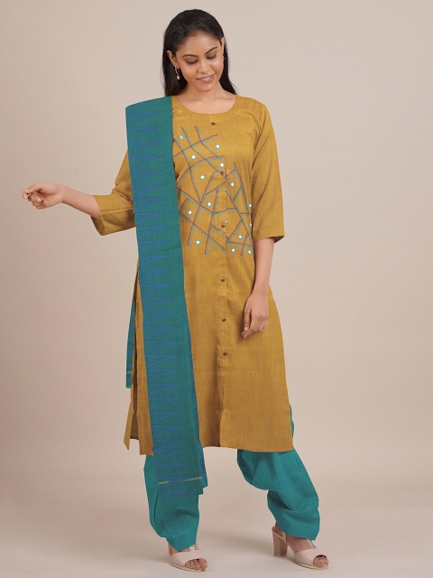 

Pothys Yellow & Teal Blue Printed Unstitched Dress Material