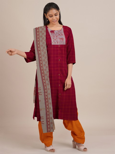 

Pothys Pink & Orange Printed Unstitched Dress Material