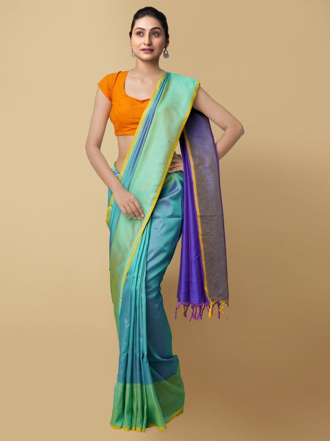 

Unnati Silks Green & Blue Woven Design Zari Silk Cotton Kanjeevaram Saree