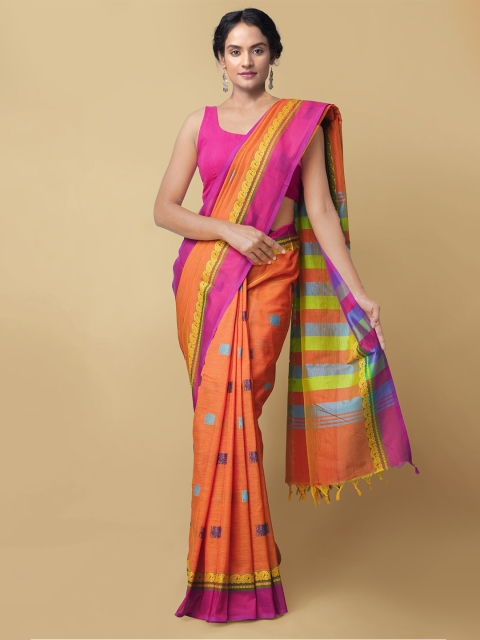 

Unnati Silks Women Orange & Pink Pure Handloom Chettinad Cotton Silk Sustainable Saree