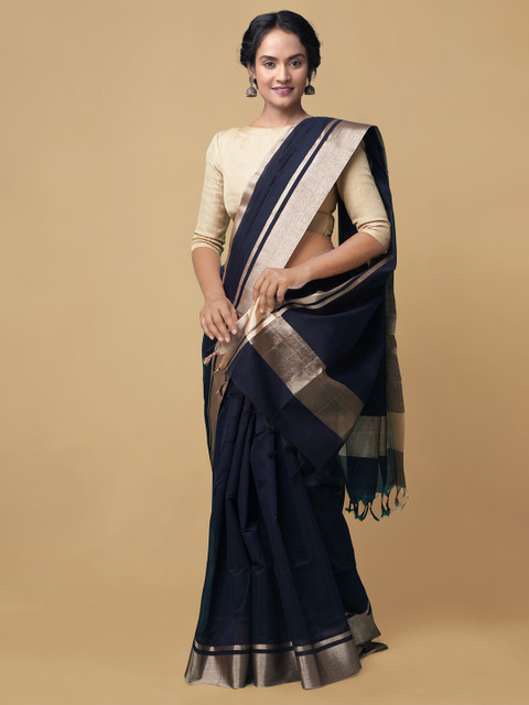 

Unnati Silks Navy Blue & Gold-Toned Zari Silk Cotton Handloom Sustainable Baluchari Saree