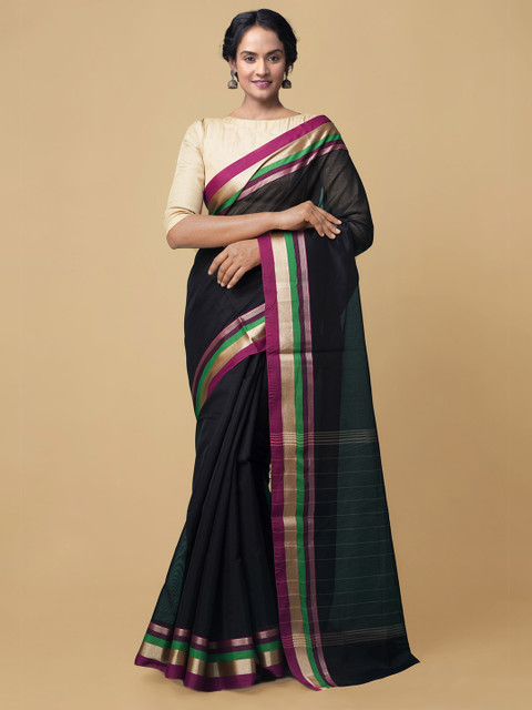 

Unnati Silks Black & Purple Zari Silk Cotton Baluchari Saree