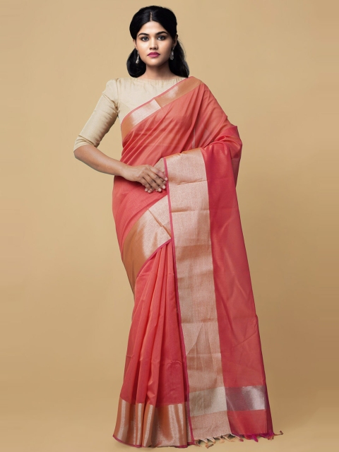 

Unnati Silks Red & Gold-Toned Zari Silk Cotton Baluchari Sustainable Saree