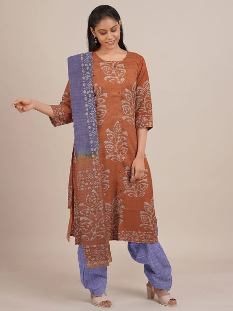

Pothys Brown & Blue Printed Unstitched Dress Material