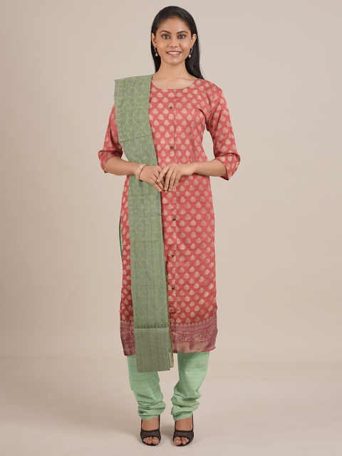 

Pothys Peach-Coloured & Green Unstitched Dress Material