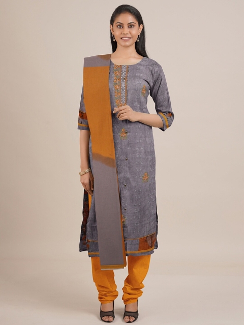 

Pothys Grey & Mustard Embroidered Unstitched Dress Material