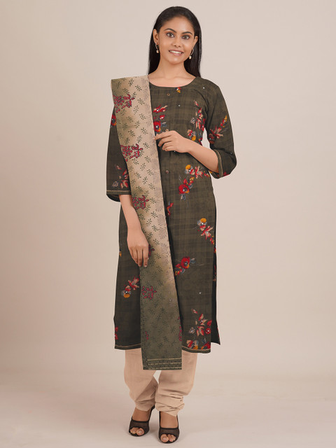 

Pothys Green Printed Unstitched Dress Material