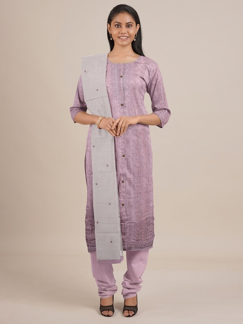 

Pothys Pink & Grey Embroidered Unstitched Dress Material