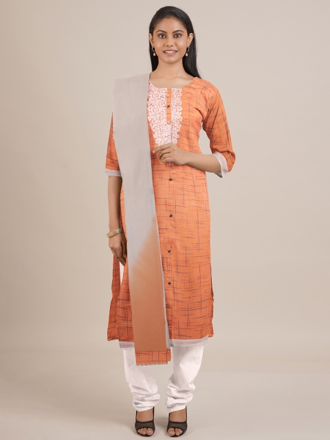 

Pothys Peach-Coloured & White Embroidered Unstitched Dress Material