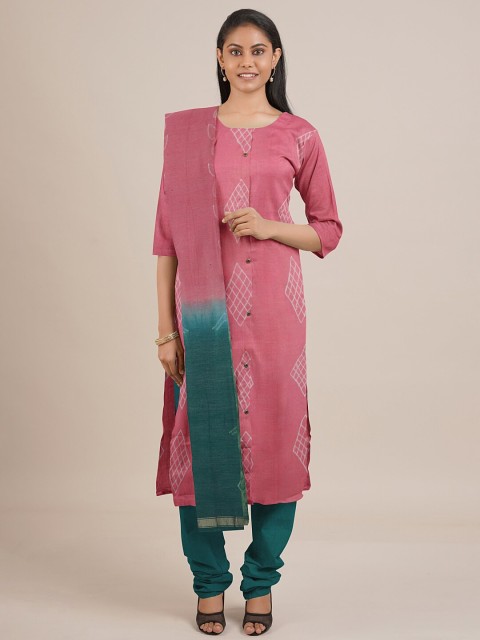 

Pothys Pink & Green Printed Unstitched Dress Material