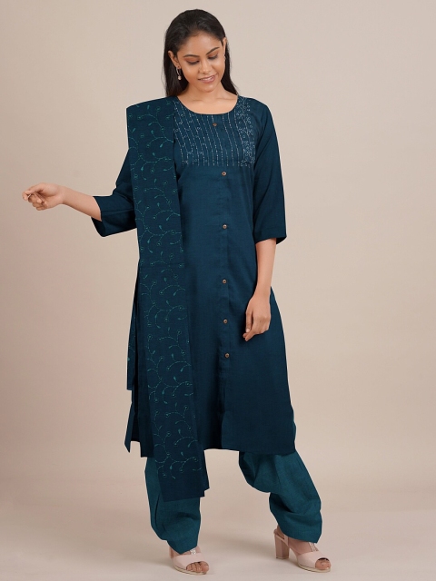 

Pothys Blue Embellished Unstitched Dress Material